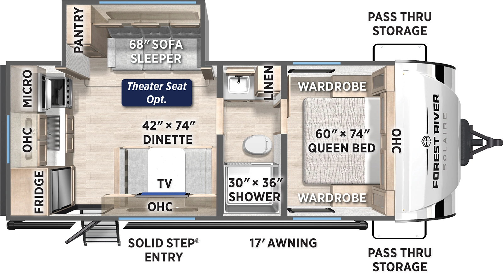The Solaire 237RK floorplan has one entry and one slide out. Exterior features include: fiberglass exterior and 17' awning. Interiors features include: rear kitchen, front bedroom and pass through bathroom.